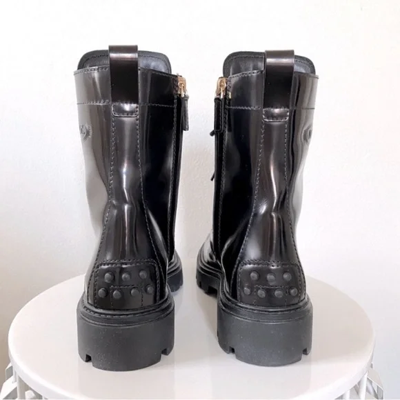 TOD’S LEATHER COMBAT BOOTS GOMMINO LACE UP SIDE ZIP LUXE EDGY GRUNGE Black 40 - Picture 3 of 7